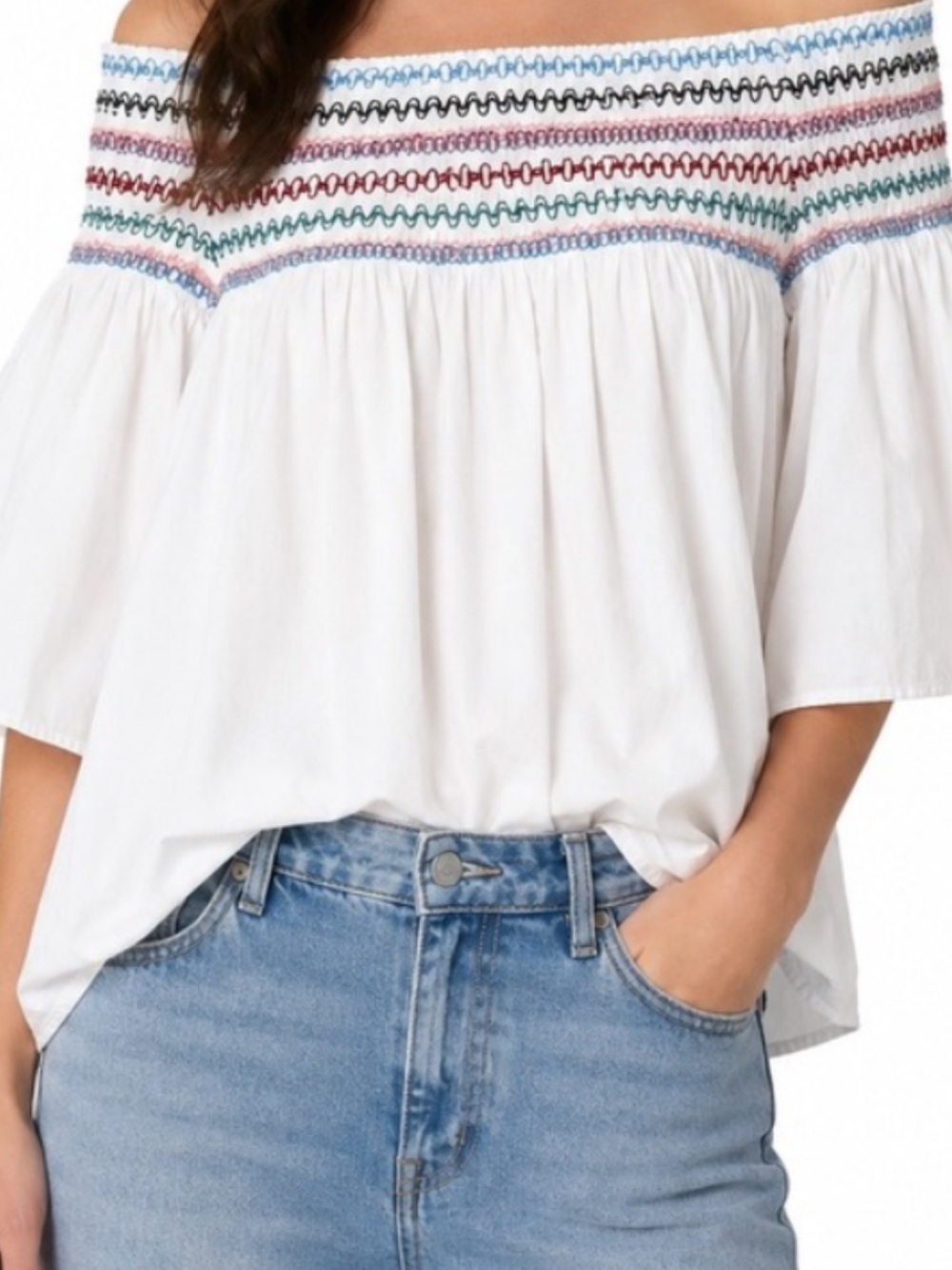 Parker White Off-Shoulder Top with Multicolor Embroidered Yoke